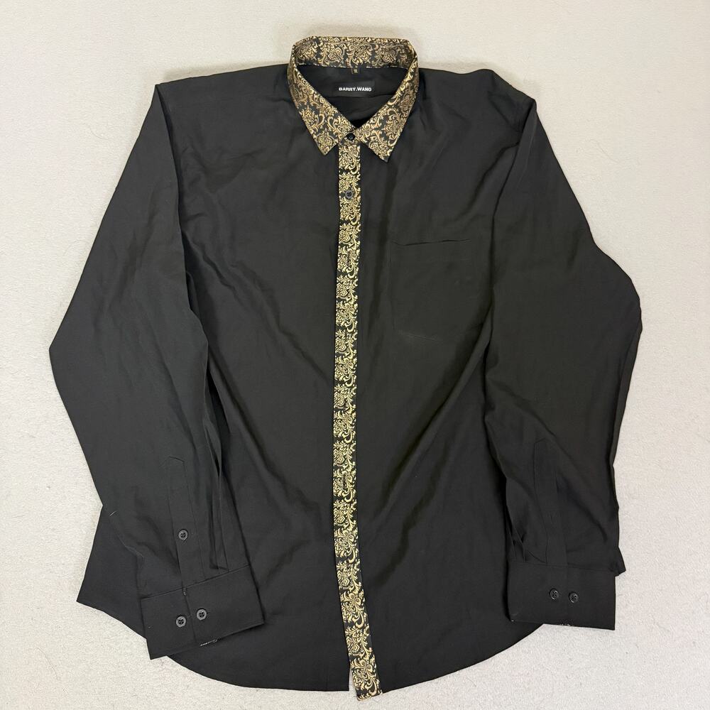 Barry Wang XL Black Dress Shirt Gold Floral Trim Button Up Long Sleeve